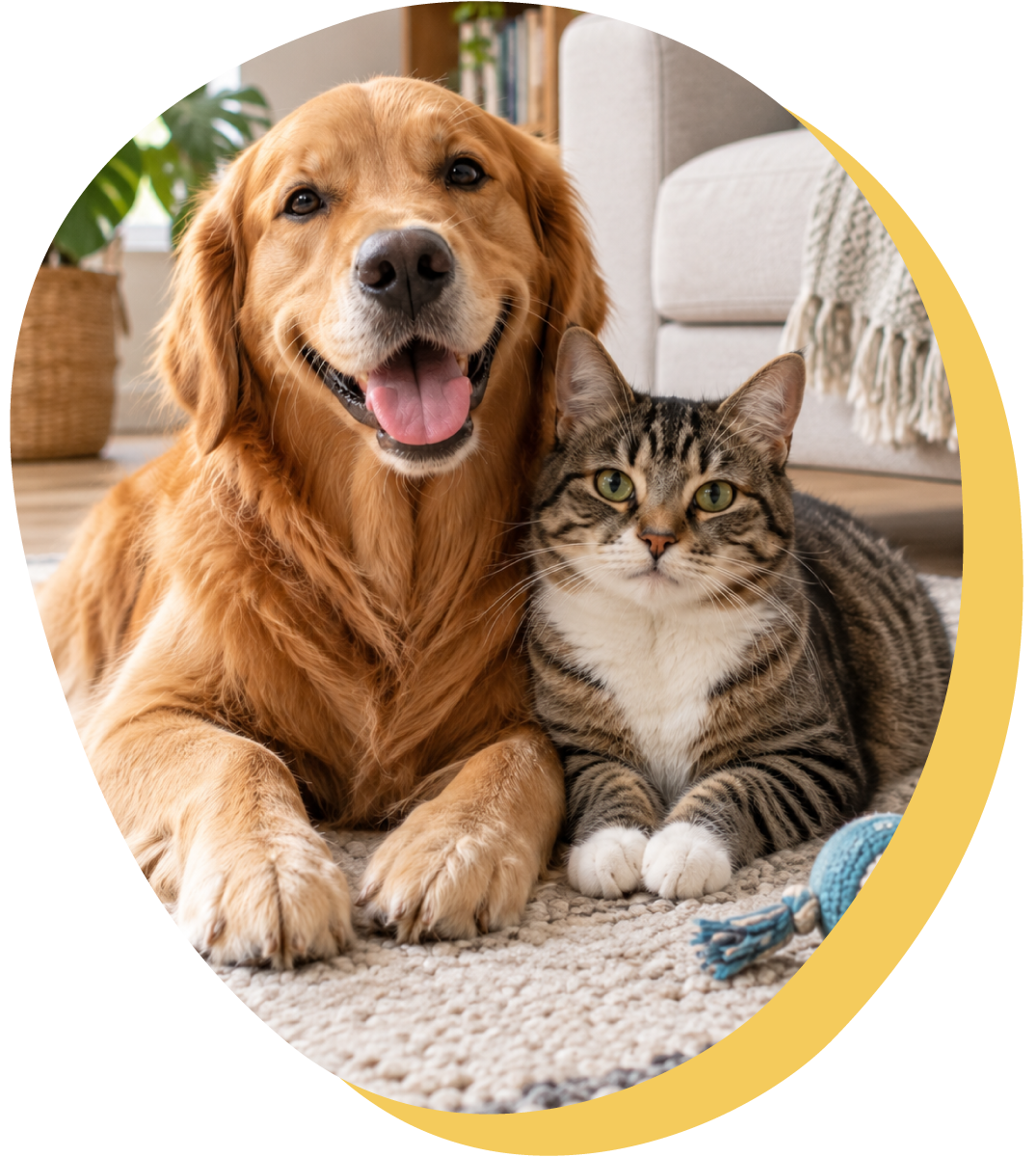Perro golden retriever y gato atigrado descansando juntos sobre una alfombra