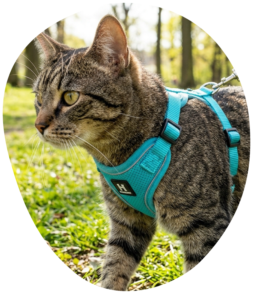 Gato paseando con arnés turquesa