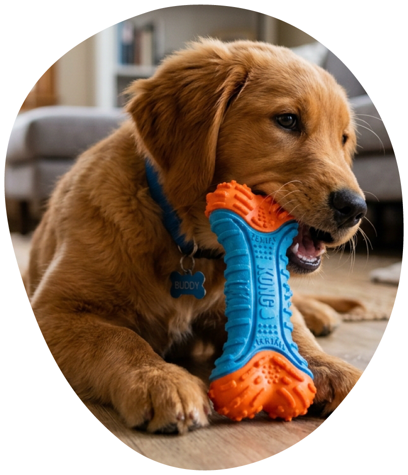 Cachorro golden mordiendo un juguete mordedor