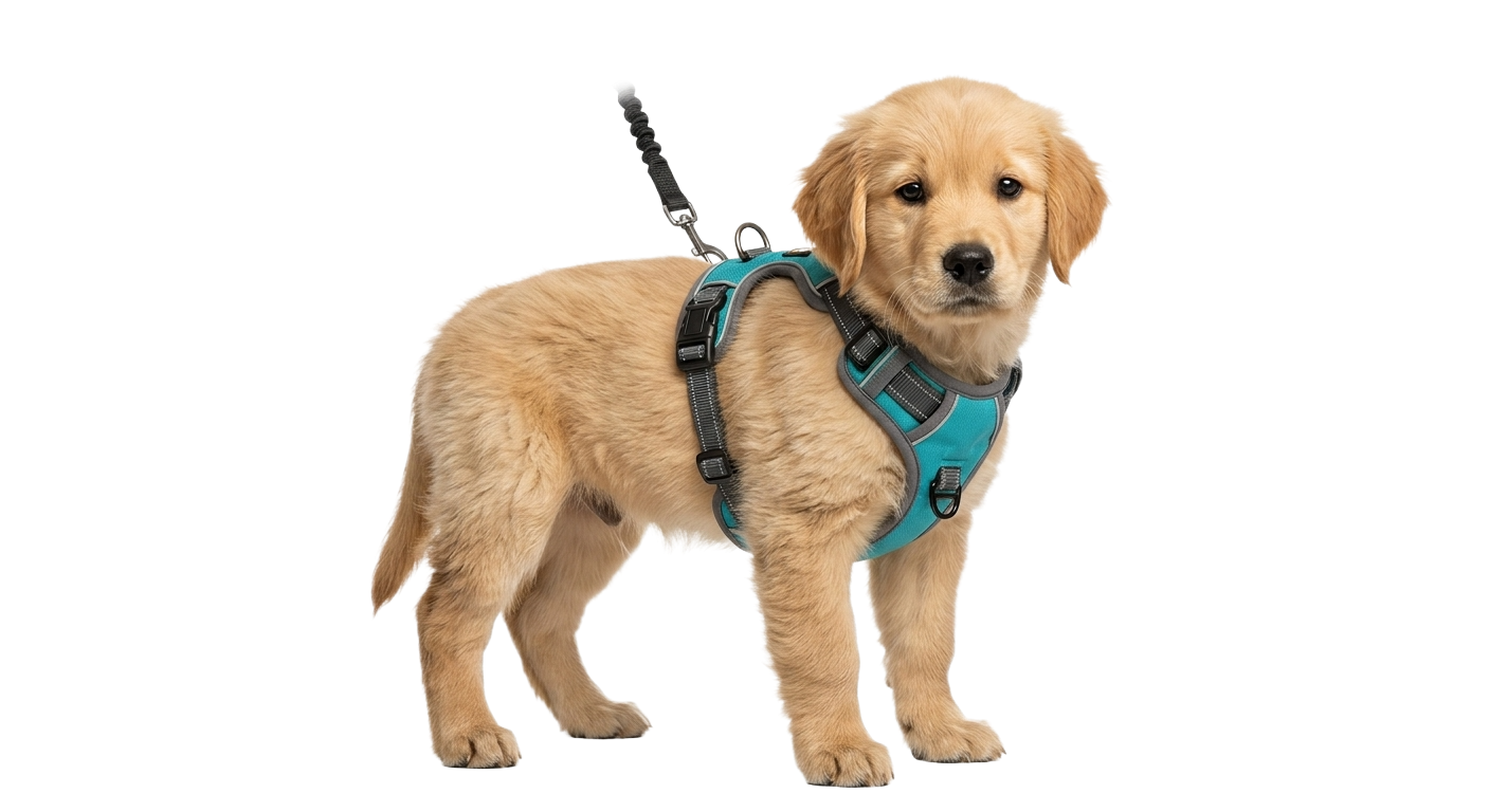 Cachorro con arnés listo para pasear