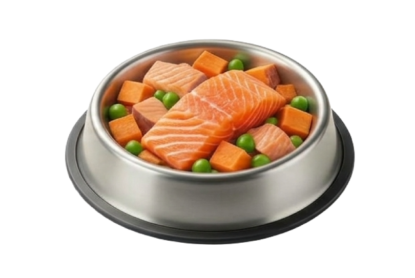Tazón con salmón, batata y arvejas